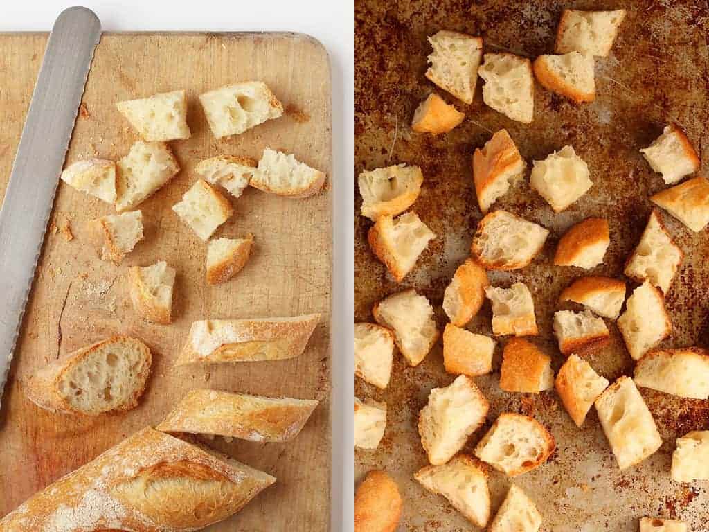 French baguette cut up into croutons
