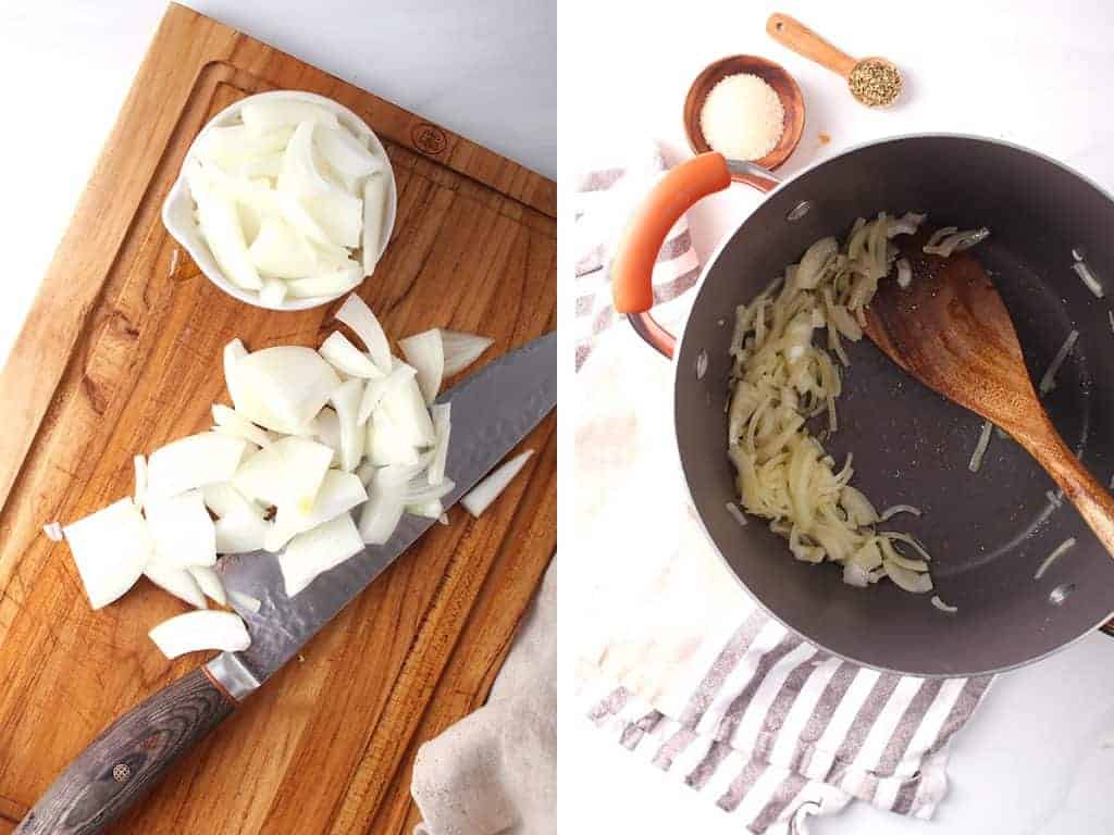 Sliced and sautéed onions in a large soup pot. 