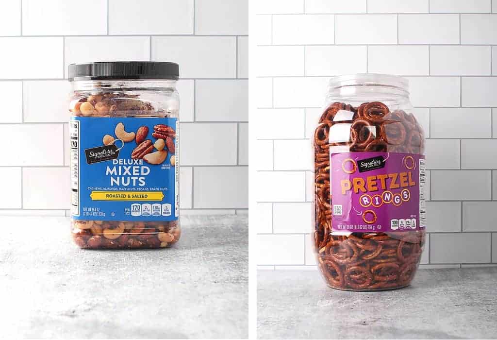Assorted nuts and pretzels on a countertop