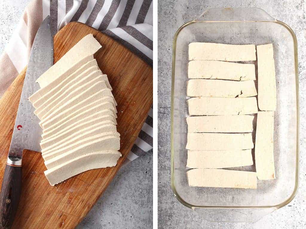 Block of tofu cut into thin strips