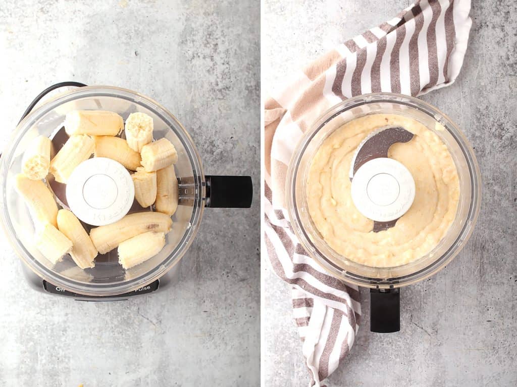 side by side images of banana pieces in a food processor bowl on the left, and smooth banana paste on the right