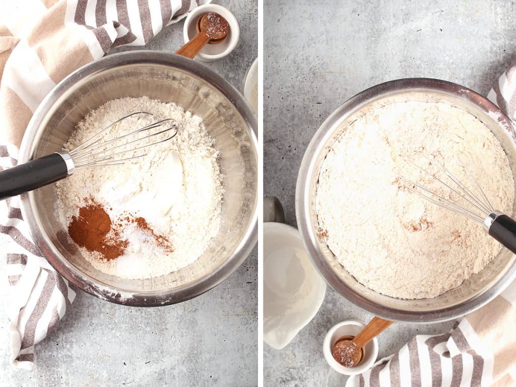 side by side images of dry ingredients for banana cake added to a bowl on the left, and those dried ingredients after whisking on the right