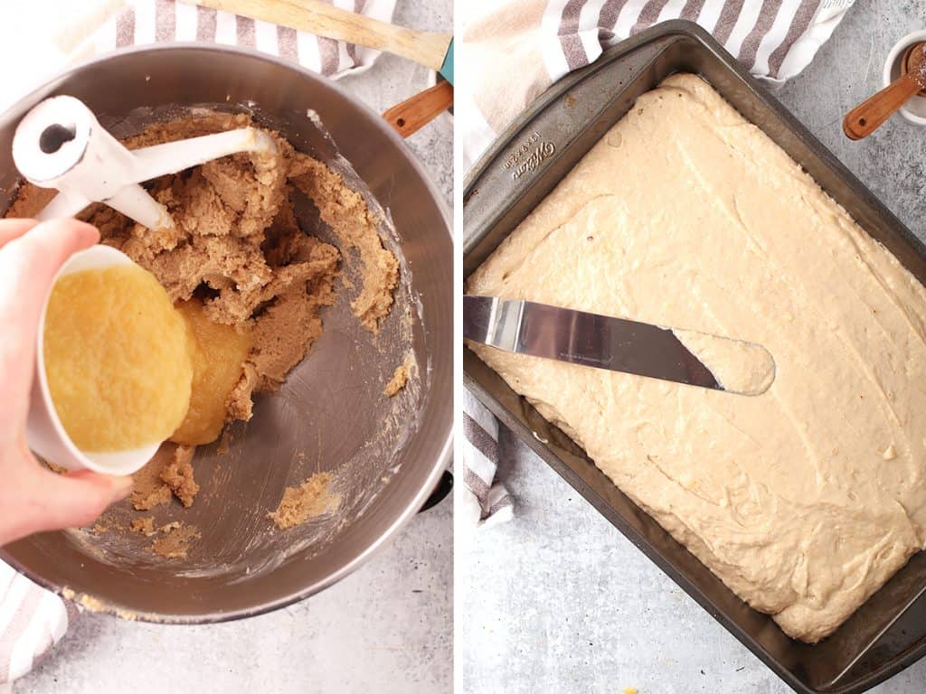 side by side images of a hand pouring applesauce into vegan banana cake batter on the left, and smoothing the completed batter in a 9x13 pan on the right