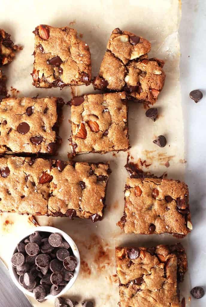 Chocolate Almond Bars on parchment paper