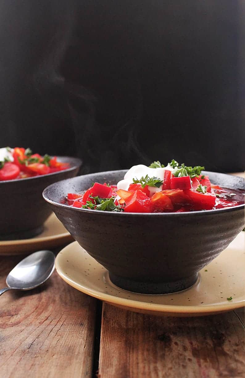 Vegan Borscht in soup bowl with steam
