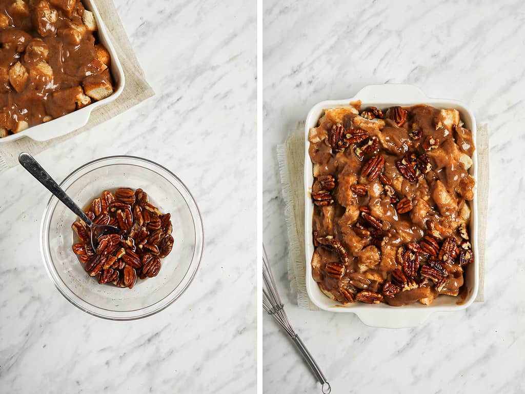 mixing pecans in bowl with coconut oil and maple syrup and topping over unbaked bread pudding 