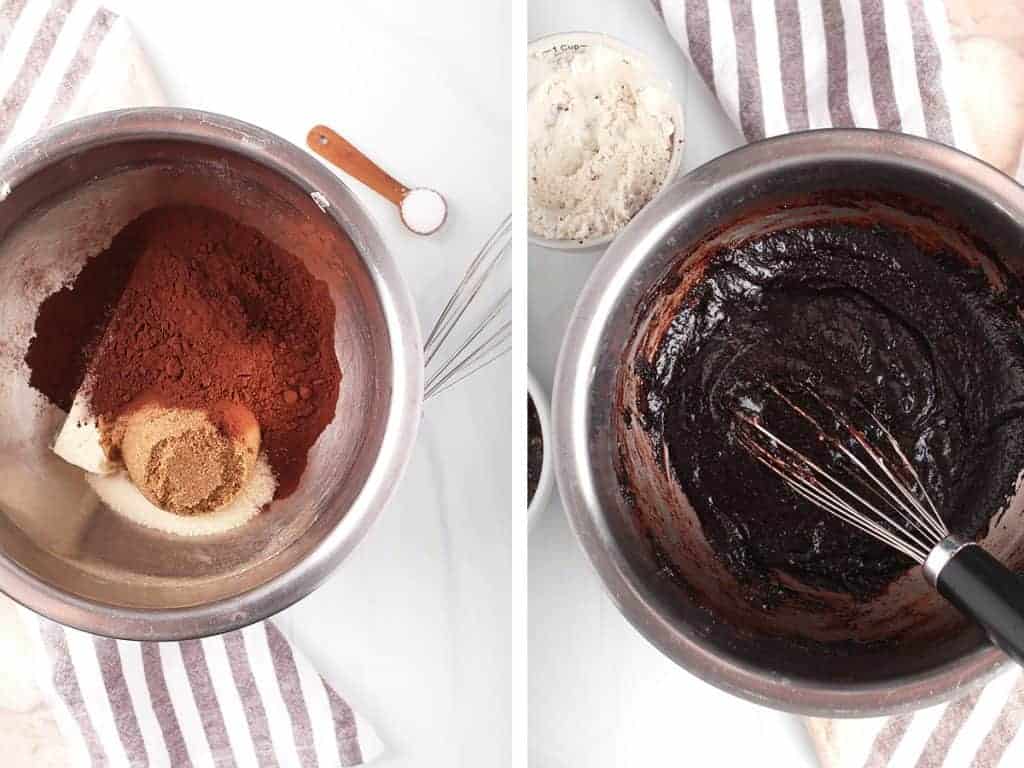 Butter, sugar, and cocoa powder melted together in a metal bowl. 