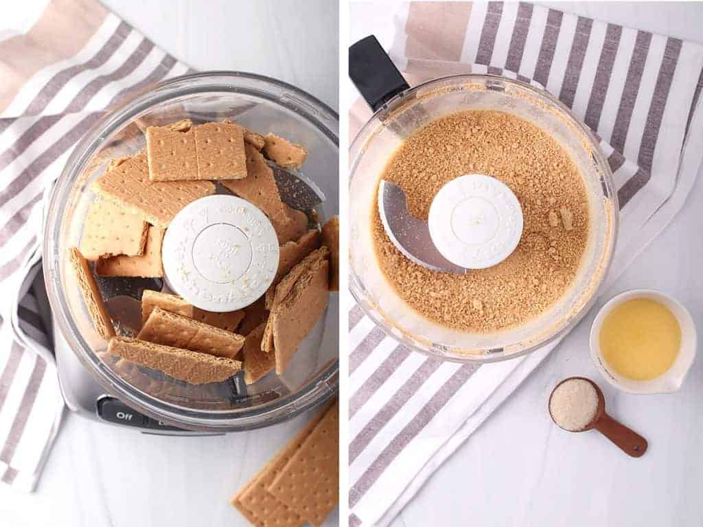 side by side images - sheets of grahama crackers roughly broken into pieces in food processor on left, graham crackers pulverized into crumbs on right