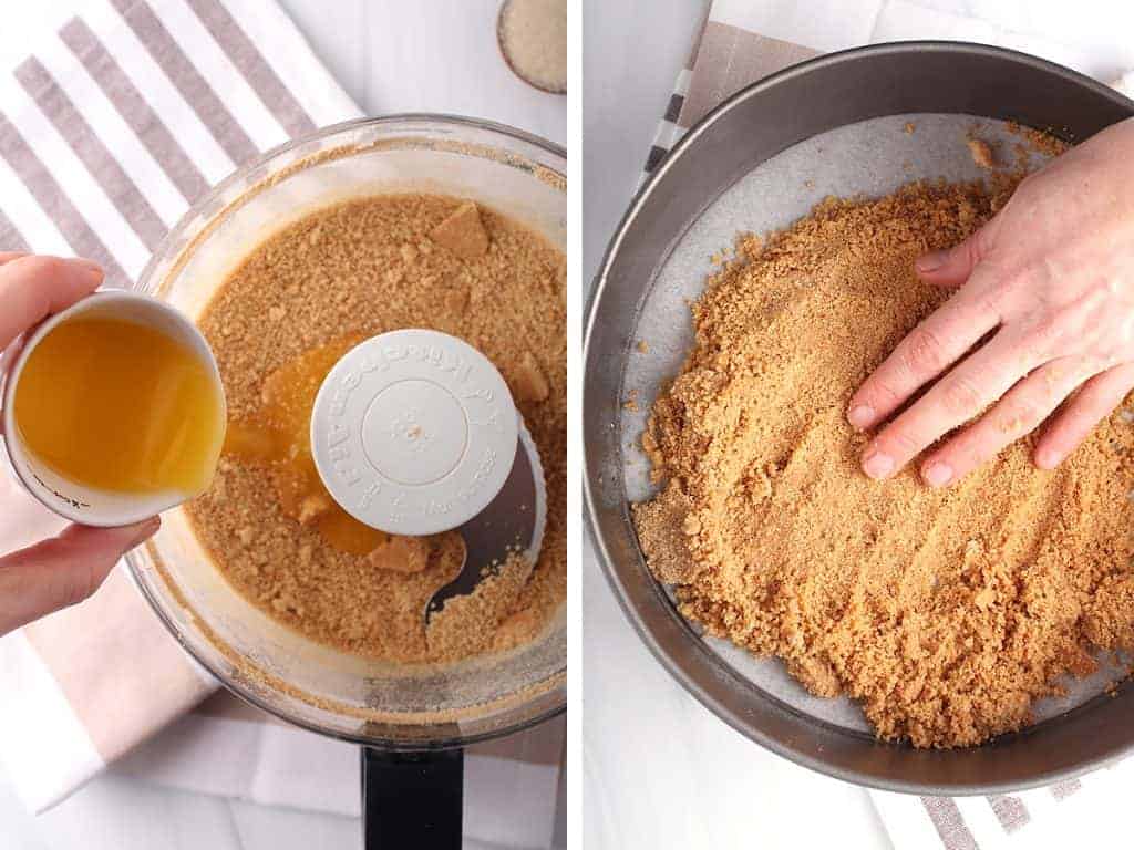 side by side images - hand pouring butter into food processor bowl with graham cracker crumbs on the left, hand pressing crust into springform pan on the right
