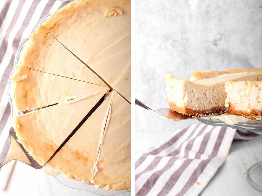 side by side images - overhead shot of pie server under a slice of vegan cheesecake on left, and a sideways shot of pie server pulling out a slice of vegan cheesecake from a cake stand on the right