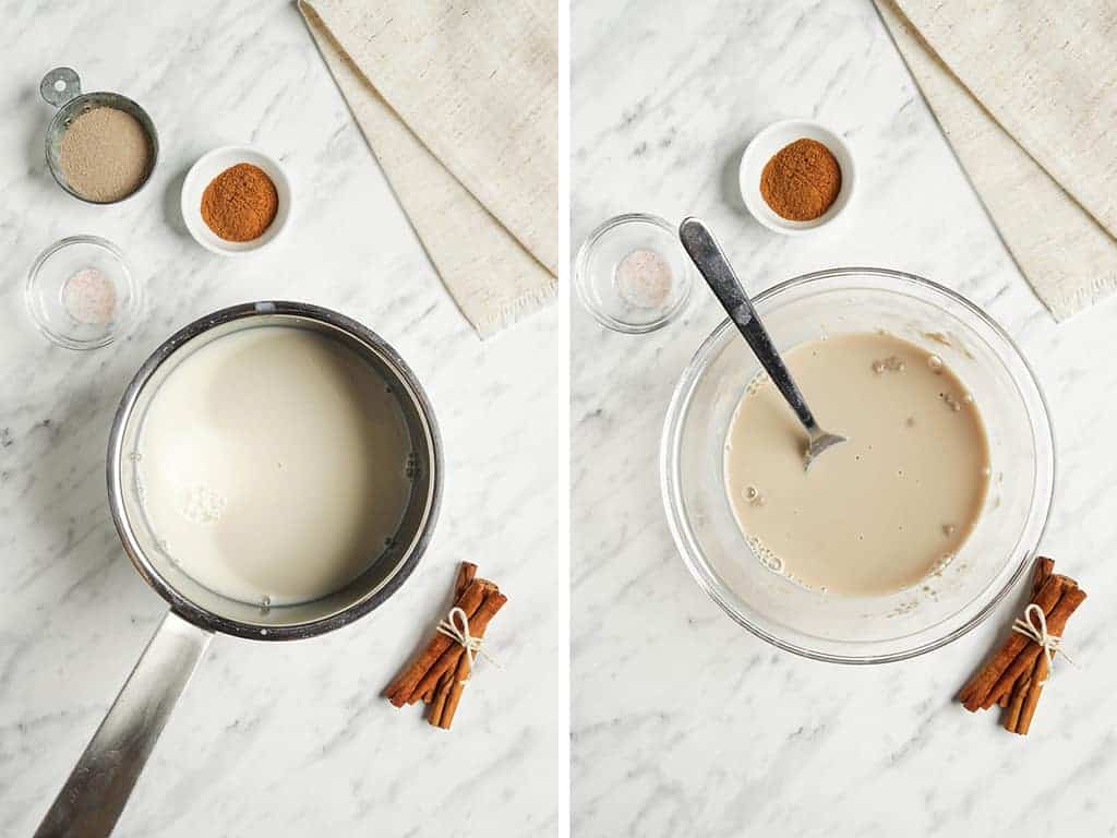 Left: Yeast and soy milk in a sauce pot. Right: Activated yeast in a glass bowl with a fork. 