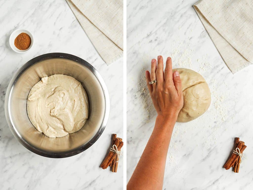 Cinnamon roll dough rolled into a ball and kneaded together on a marble surface. 