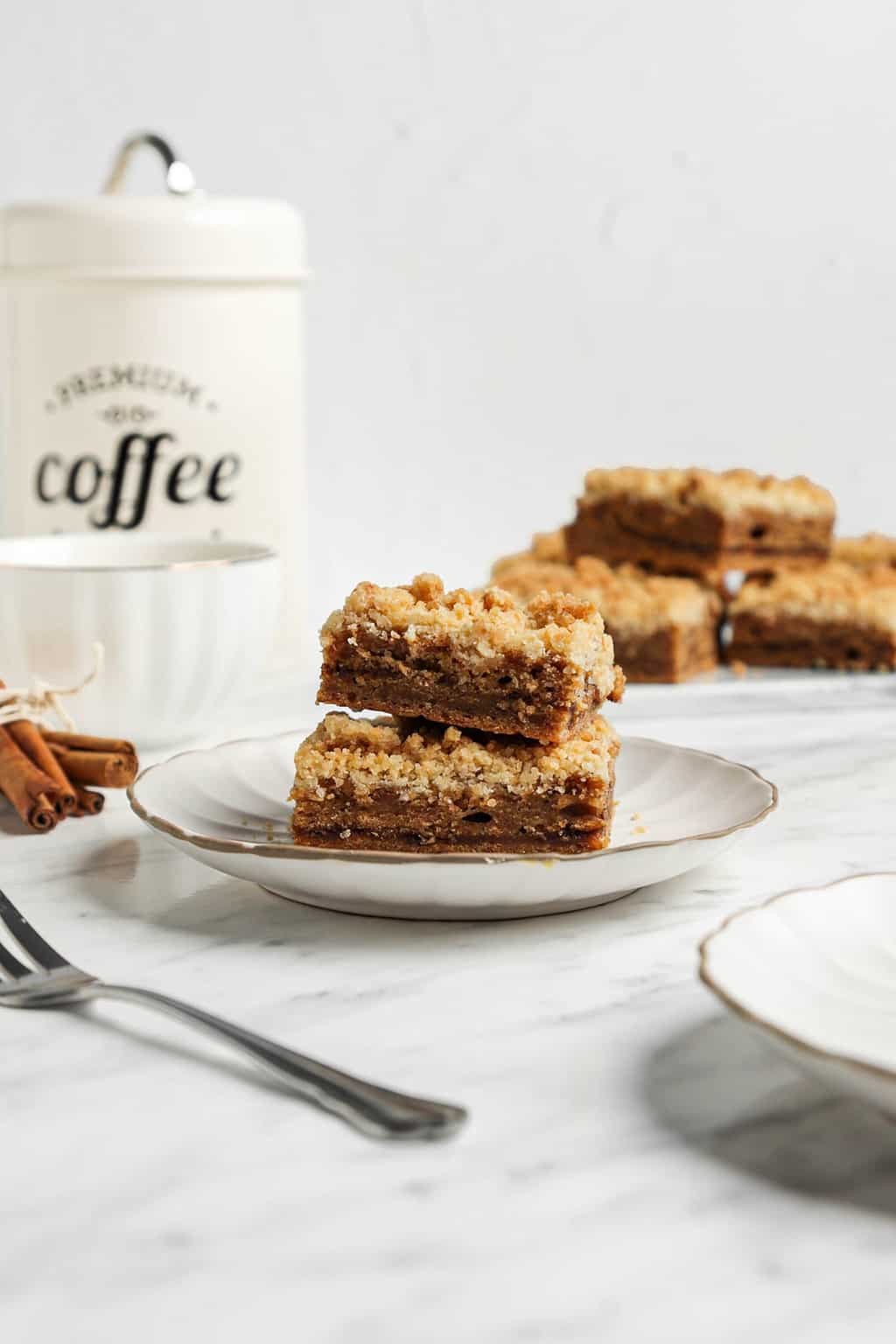two slices of coffee cake on white plate