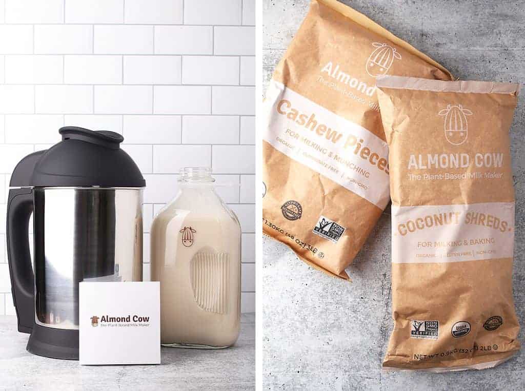 Almond Cow machine next to two bags of cashews and coconut