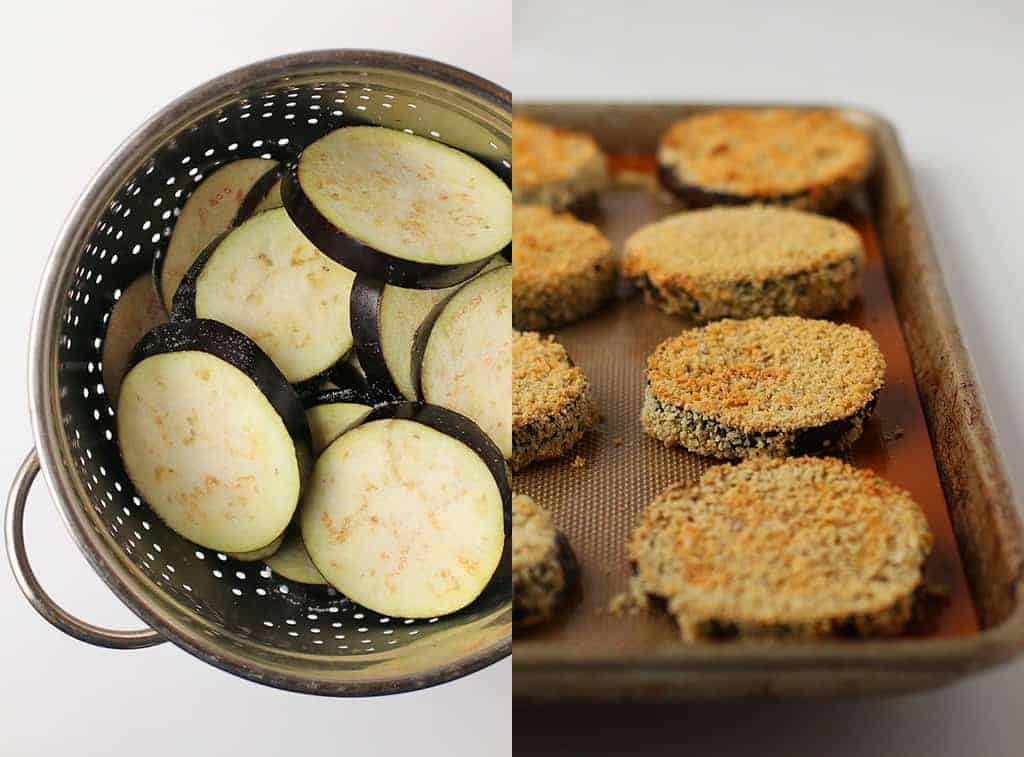 Sliced and breaded eggplant on a sheet pan