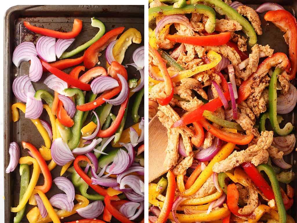 Sliced onions and bell peppers on a baking sheet