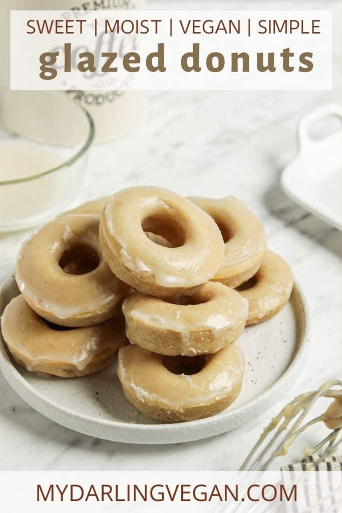 vegan glazed donuts recipe on white plate with font for Pinterest