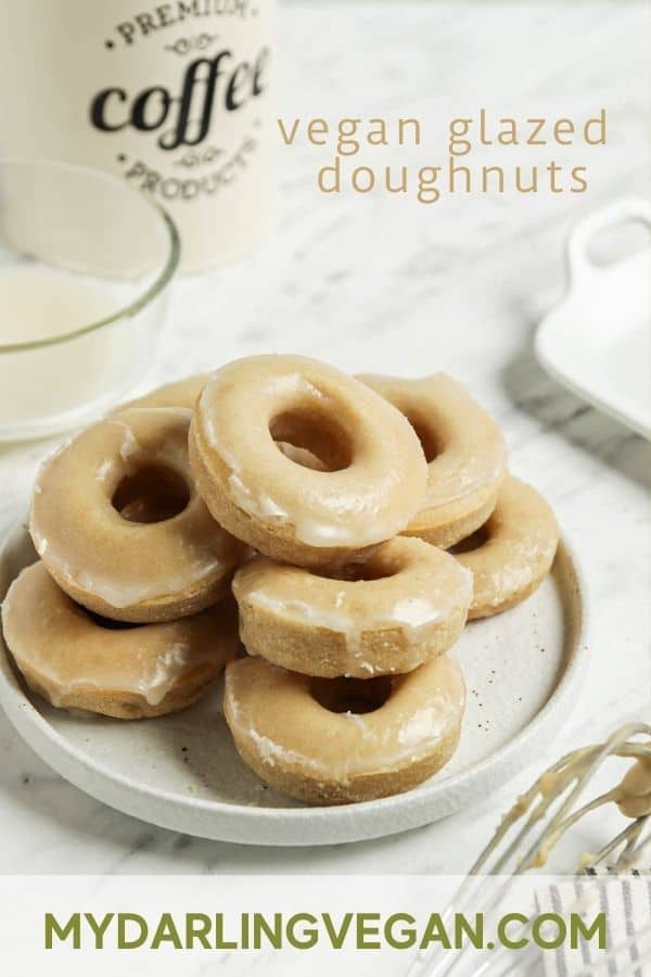 Pinterest graphic of vegan glazed donuts on white plate