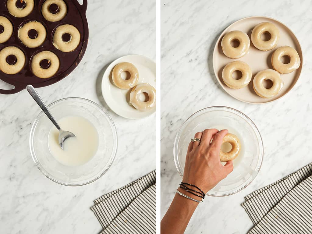one step of showing the baked vegan donut recipe in a baking pan and making the vanilla icing in a bowl with a spoon. One plate with two glazed donuts to the side