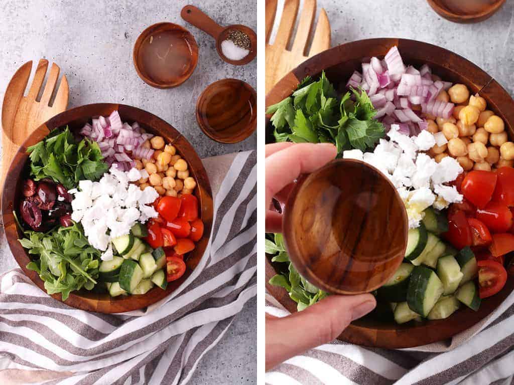 Finished salad in a wooden salad bowl