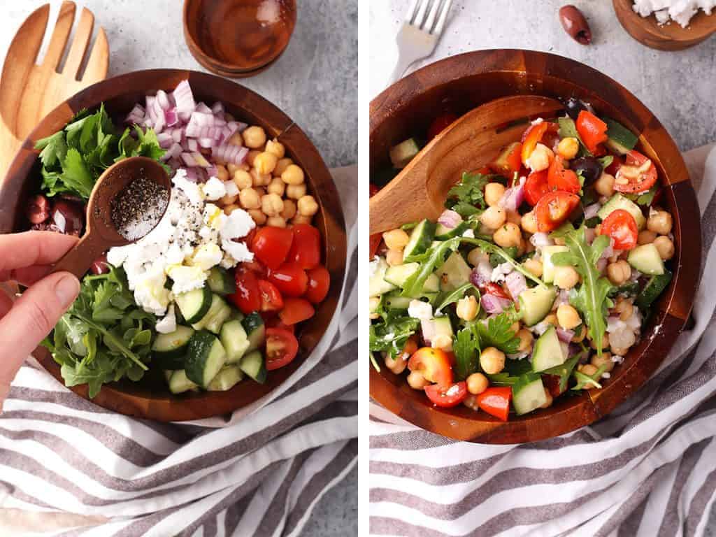 Finished Greek salad in a wooden salad bowl