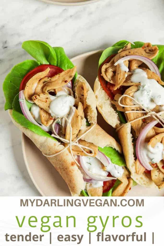 Pinterest graphic for vegan gyros with tzatziki sauce with lettuce with tomatoes and onions