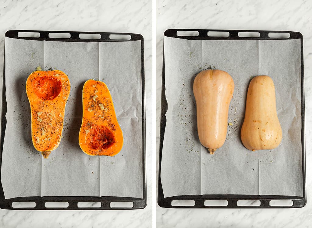 two slices of butternut squash seasoned on baking dish with parchment paper