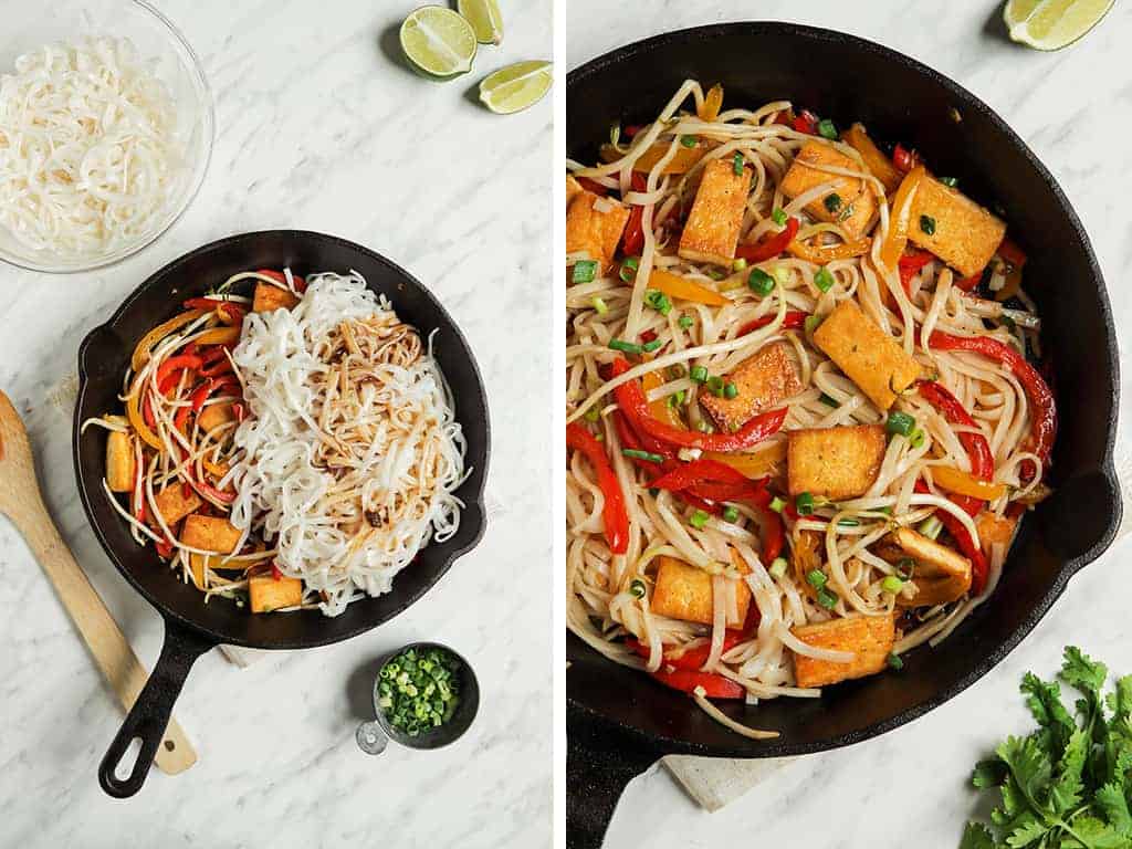 rice noodles and tofu with vegetables mixed in skillet 