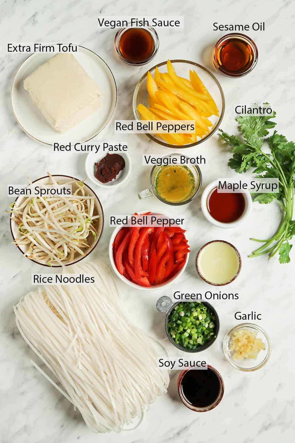 maple syrup, bell peppers, rice noodles, bean sprouts, veggie broth, red curry paste, cilantro, green onions, garlic, tamarind