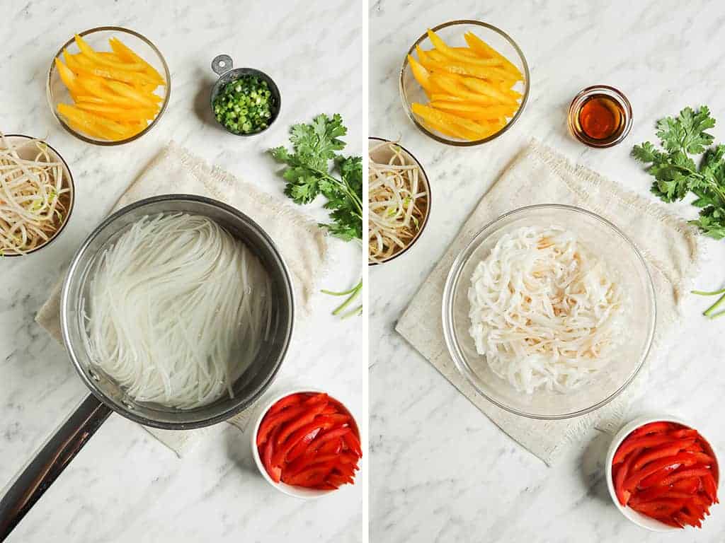 one sauce pan filled with rice noodles and then transferred to glass bowl