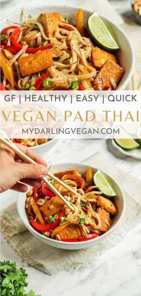 two images of vegan pad Thai with chopsticks and lime wedges