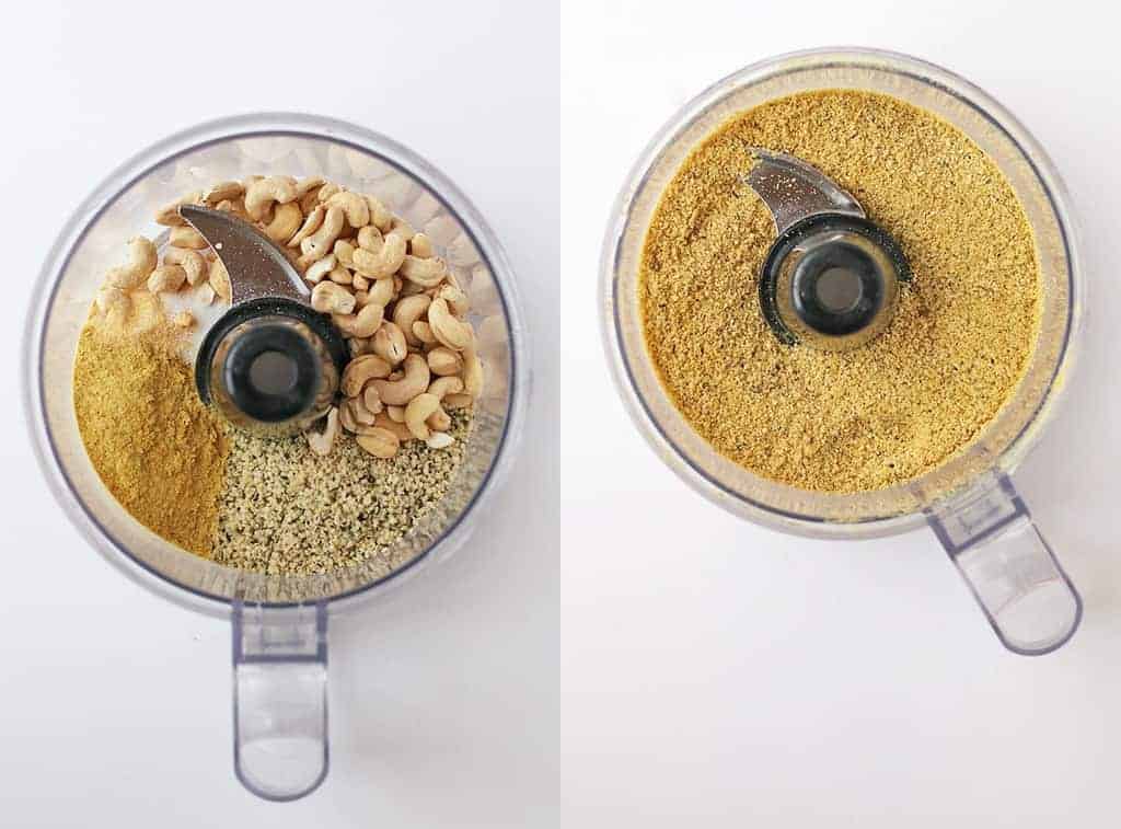 Cashews, hemp hearts, and nutritional yeast in a food processor