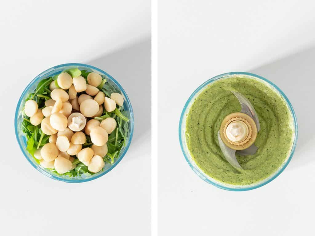 side by side images of vegan pesto ingredients in their whole form in a food processor on the left, and blended to pesto perfection on the right