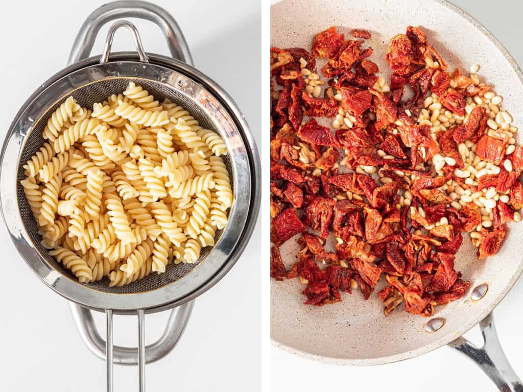 side by side images of draining pasta on the left and sun dried tomatoes being sautéed with garlic and pine nuts on the right