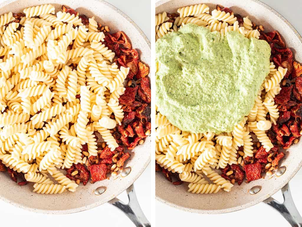side by side images of pasta and pesto being added to the pan with the tomatoes and pine nuts