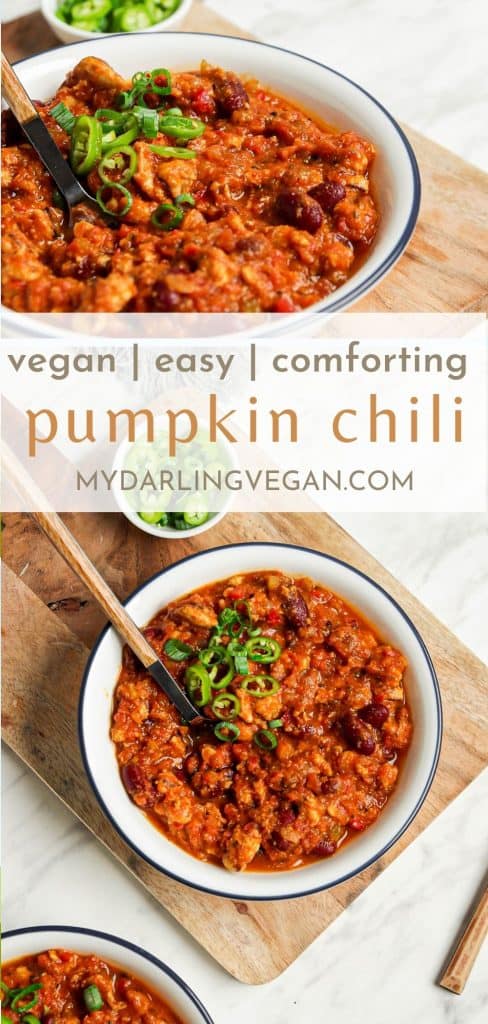 two images of vegan pumpkin chili in white bowl with pumpkin chili text