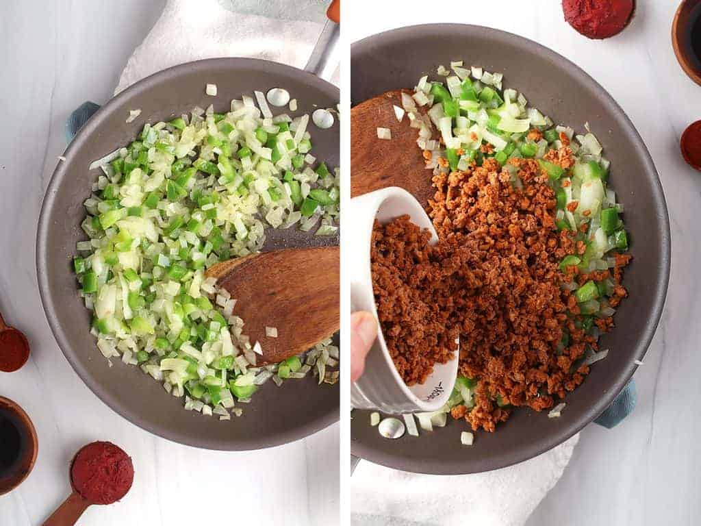 side by side image of sautéing onions and peppers on the left, and vegan meat crumbles being added on the right