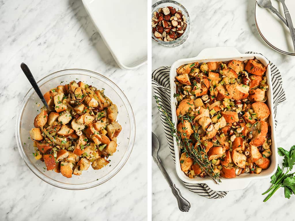 Left, bread and veggies in a large glass bowl. Right, finished vegan stuffing in a casserole dish next to a serving spoon. 