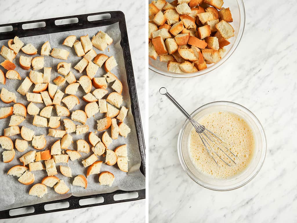 Left, French bread cut into cubes and placed on a baking sheet. Right, chickpea flour and water whisked together in a glass bowl. 