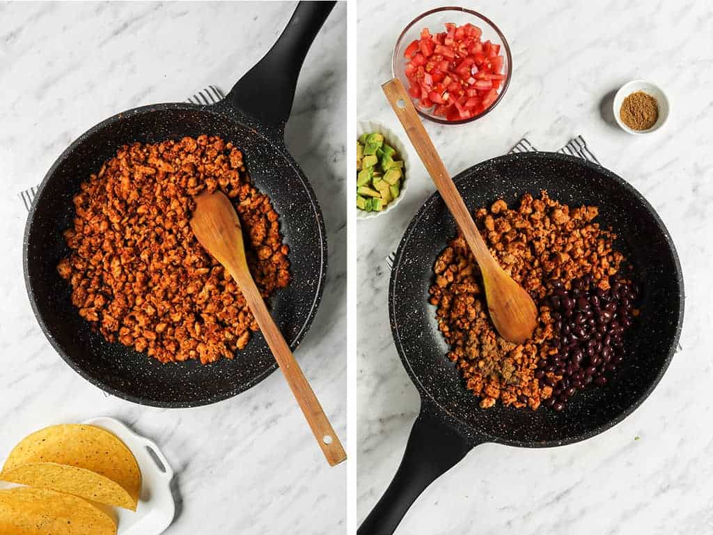 tempeh taco meat being cooked in skillet with black beans