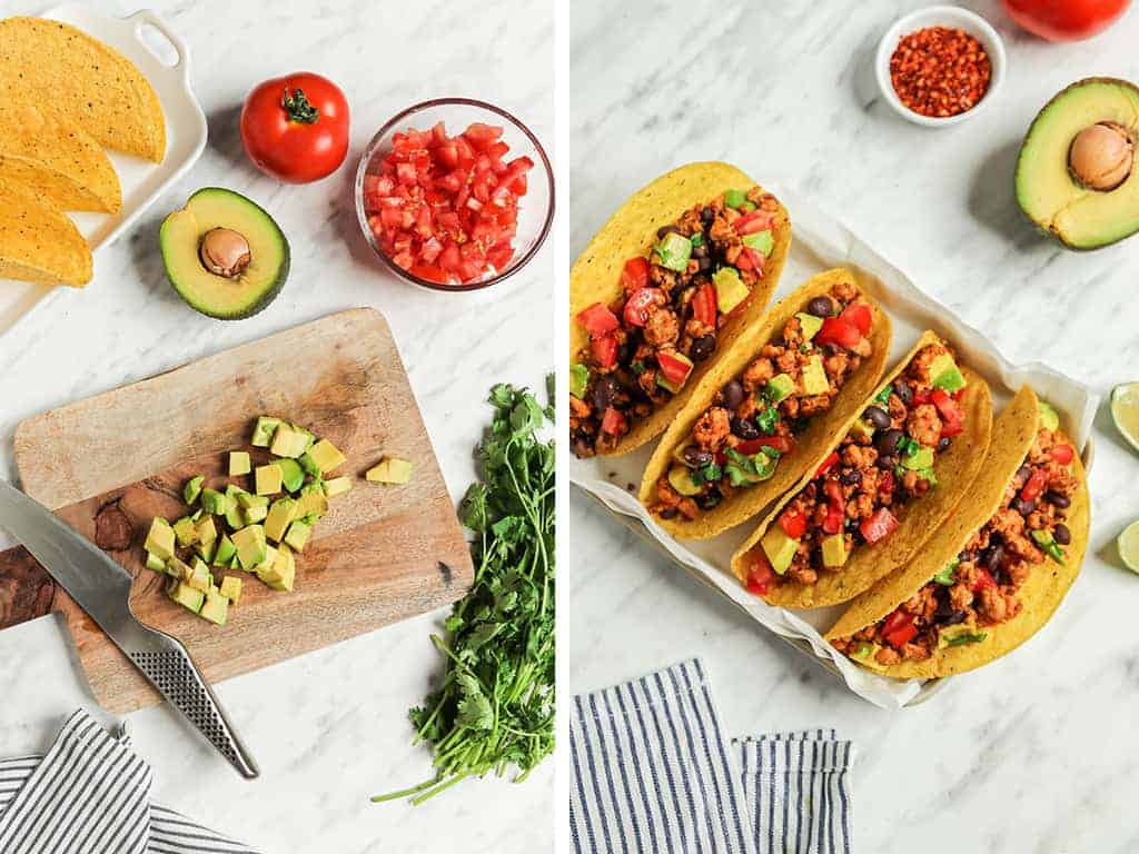 avocado being sliced on cutting board with knife and four tacos placed on plate 