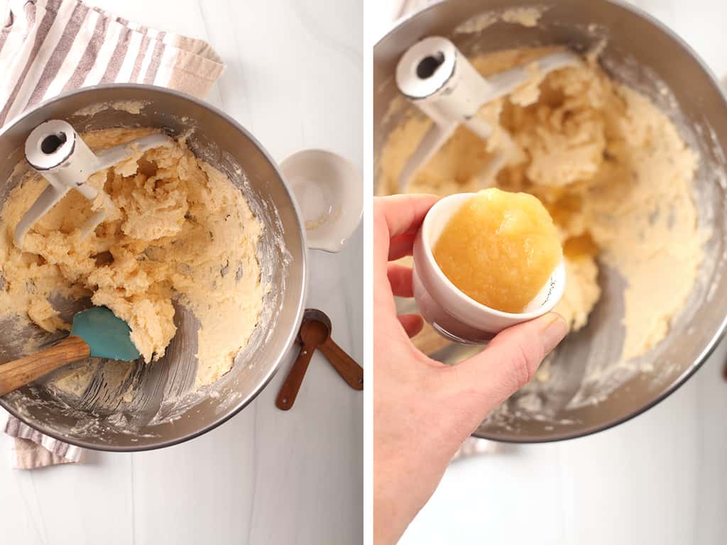 Left: Butter and sugar creamed together in a standup mixer. Right, applesauce added to the butter/sugar mixture