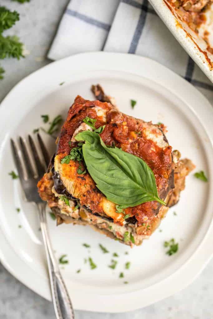 Vegan Eggplant Lasagna on white plate