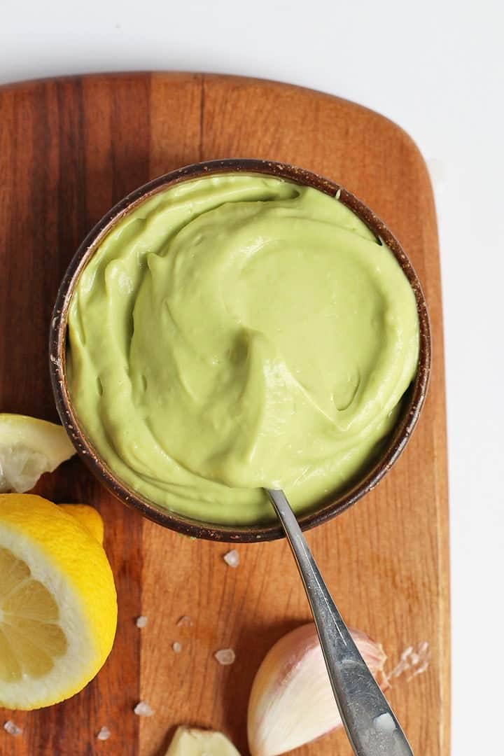 Avocado Mayo in a small bowl with a spoon