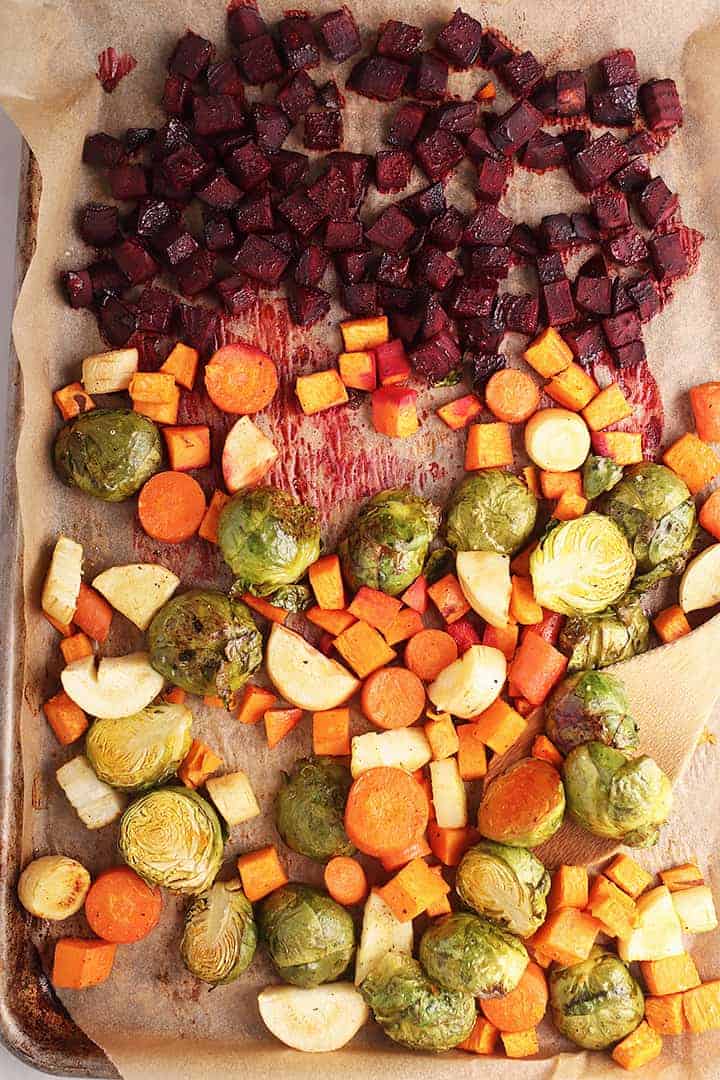 Roasted carrots, parsnips, sweet potatoes, and beets