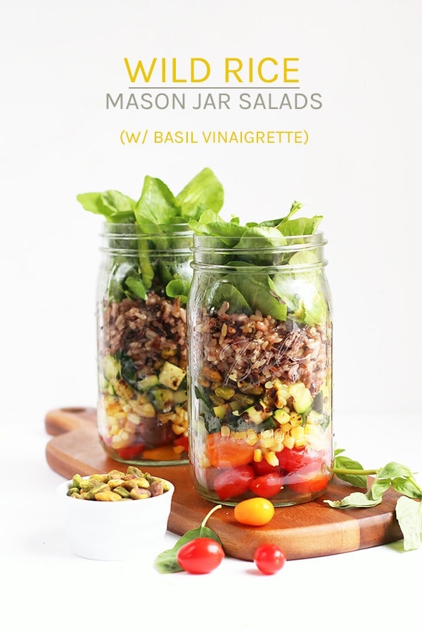 Make lunch easy with these wild rice Mason jar salads, made with late summer vegetables, wild rice, and basil pesto for a delicious and healthy meal.