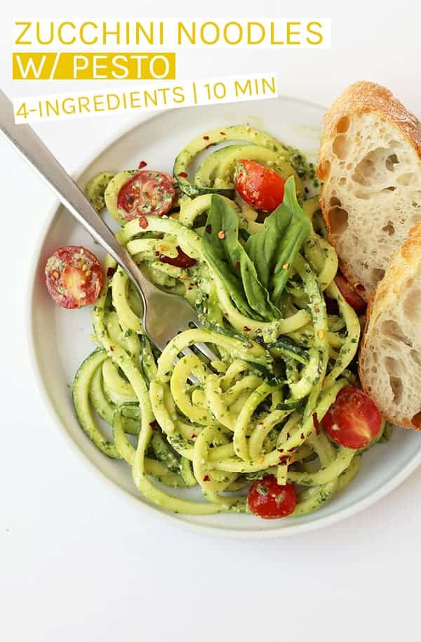 Lighten up with this zucchini noodles with pesto and cherry tomatoes salad. A quick 10 minute meal that is gluten-free and vegan for the perfect summertime dinner. #vegan #vegetarian #glutenfree #lowcarb #veganrecipes #zucchini #zoodles #pesto #summerrecipes #healthyreicpes