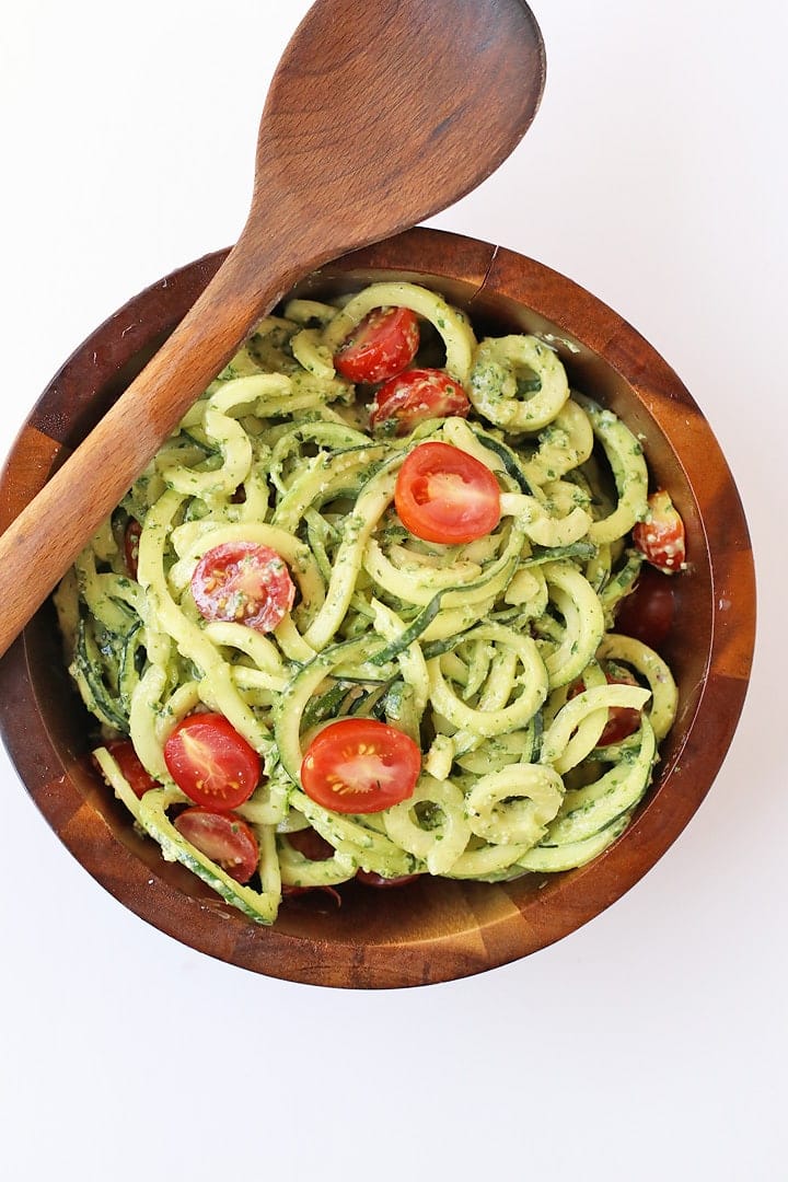 Zucchini noodle salad in a wooden salad bowl