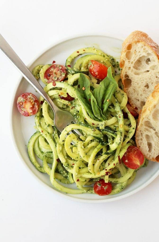 Zucchini Noodles with Pesto and cherry tomatoes.