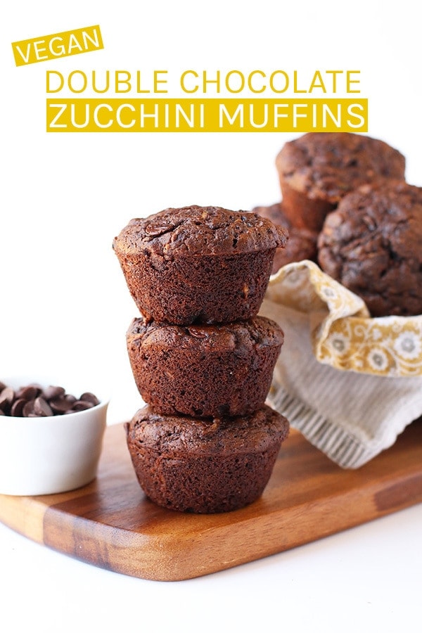 Delicious and indulgent Double Chocolate Zucchini Muffins. These easy vegan muffins can be made in just 35 minutes for a chocolate-filled, zucchini-packed, dairy and egg-free sweet treat. #vegan #veganrecipes #chocolate #veganmuffins #chocolatemuffins #zucchinirecipes